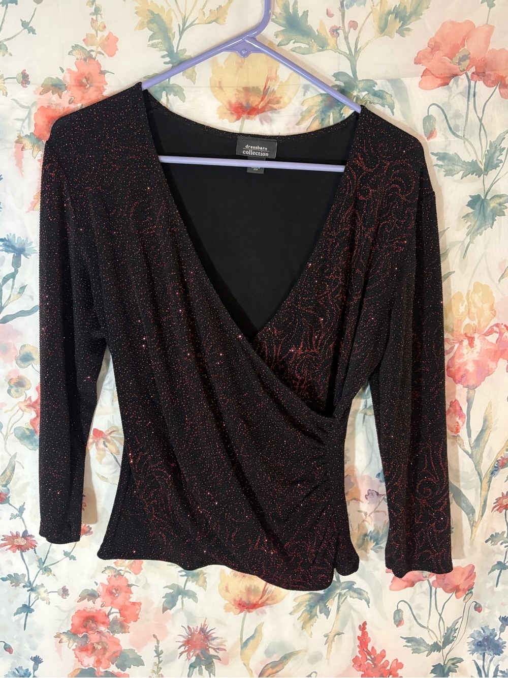 Vintage Dress Barn Black Sparkle Wrap-Style Blouse with Red Accents